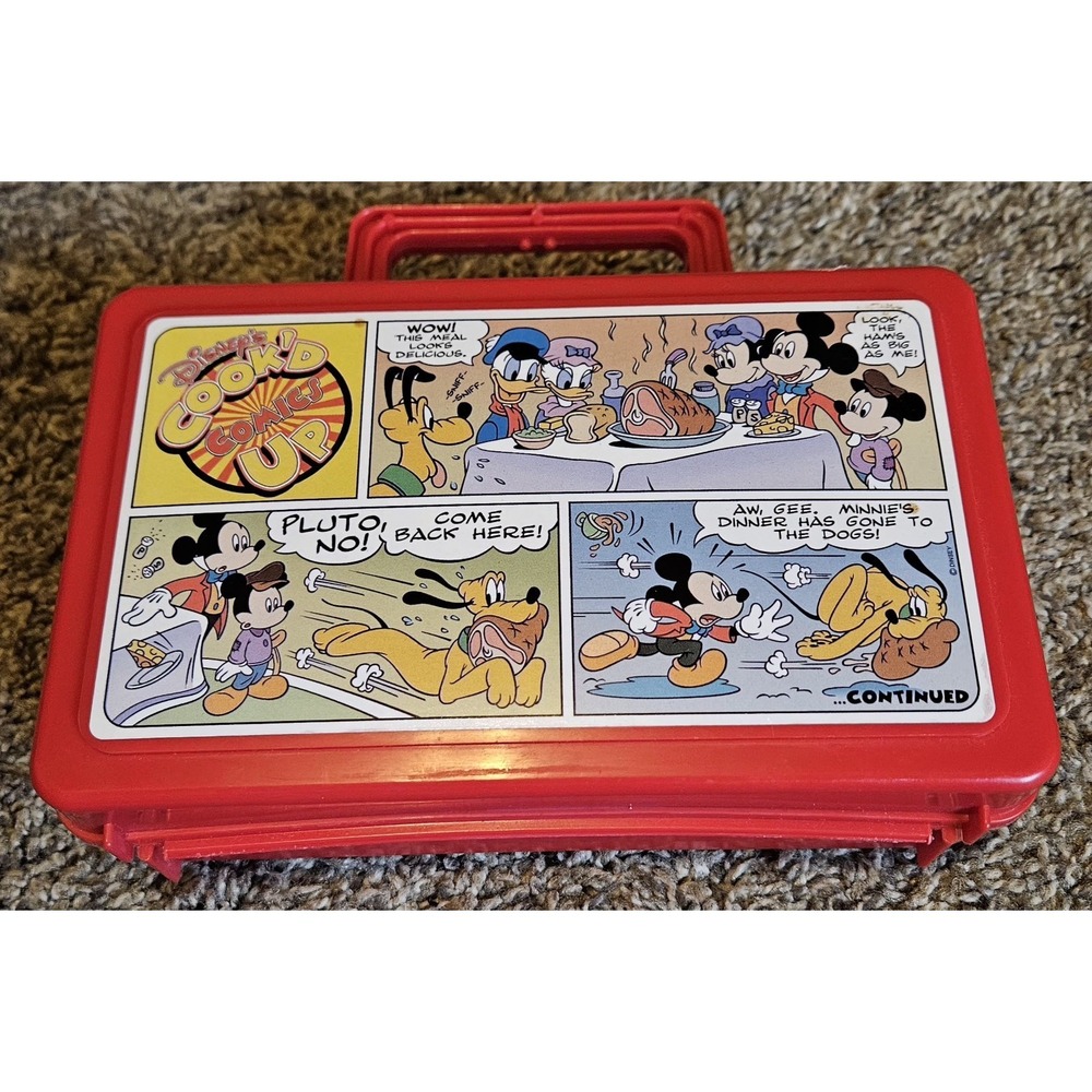 Vintage Disney Mickey Mouse Plastic Lunch‎ Box Red Comic Strip Case Pluto Donald